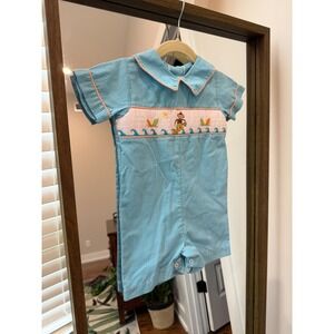 Zucchini Kids Blue Gingham Smocked Romper Monkey Surfing Orange Trim Buttons 18M